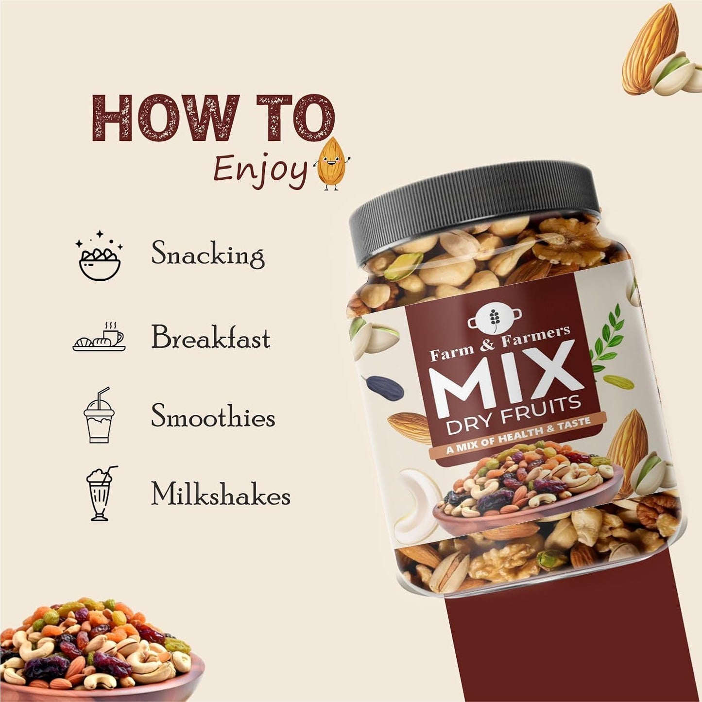 Farm & Farmers Mix Dry Fruits – Healthy Blend of Almonds, Cashews, Walnuts, Pistachios, Raisins & More – Rich in Nutrients, Perfect for Snacking & Gifting – 100% Natural, No Added Preservatives – 250g Jar