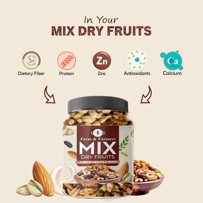 Farm & Farmers Mix Dry Fruits – Healthy Blend of Almonds, Cashews, Walnuts, Pistachios, Raisins & More – Rich in Nutrients, Perfect for Snacking & Gifting – 100% Natural, No Added Preservatives – 250g Jar