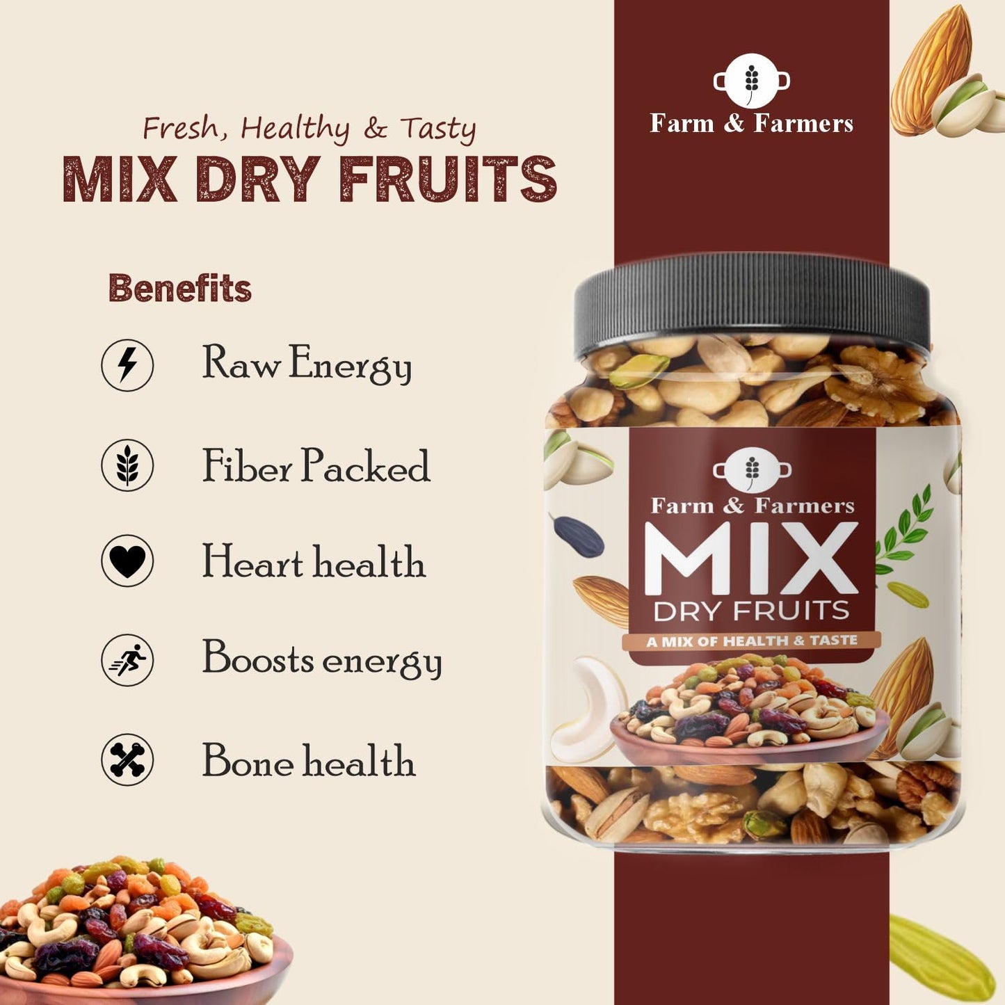 Farm & Farmers Mix Dry Fruits – Healthy Blend of Almonds, Cashews, Walnuts, Pistachios, Raisins & More – Rich in Nutrients, Perfect for Snacking & Gifting – 100% Natural, No Added Preservatives – 250g Jar