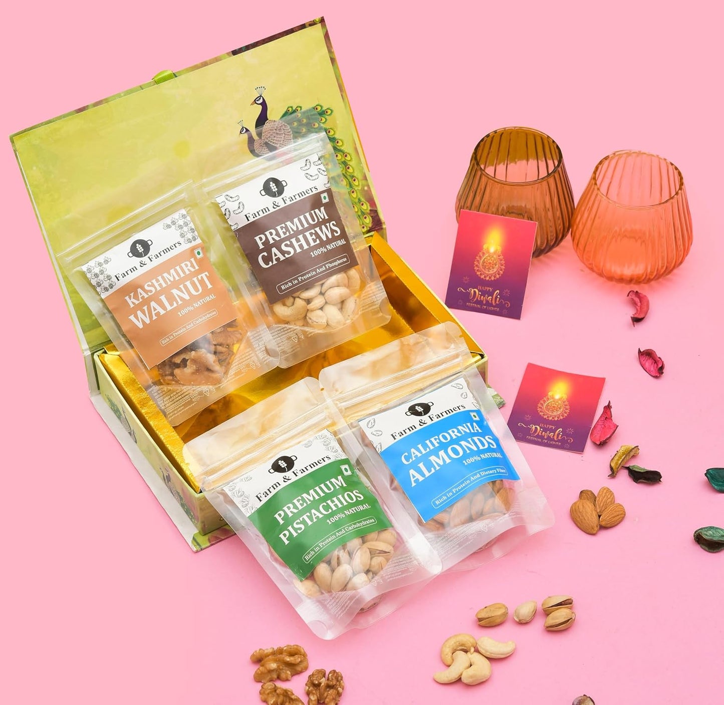 Farm & Farmers Premium Dry Fruit Diwali Gift Hamper | Walnuts, Cashews, Pistachios, Almonds | Healthy Snacks Gift Box for Corporate Gifting & Festive Deepawali Gift (Pack of 4 x 80g)